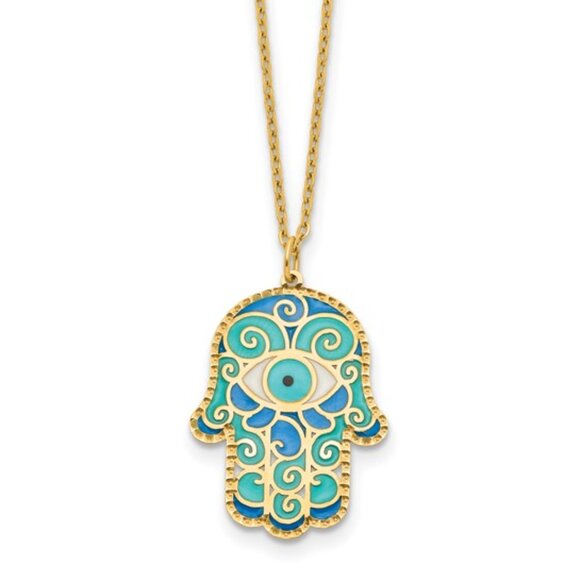 14K Yellow Gold Hamsa Hand of God with Blue Enamel Necklace charm Pendant - Picture 1 of 5